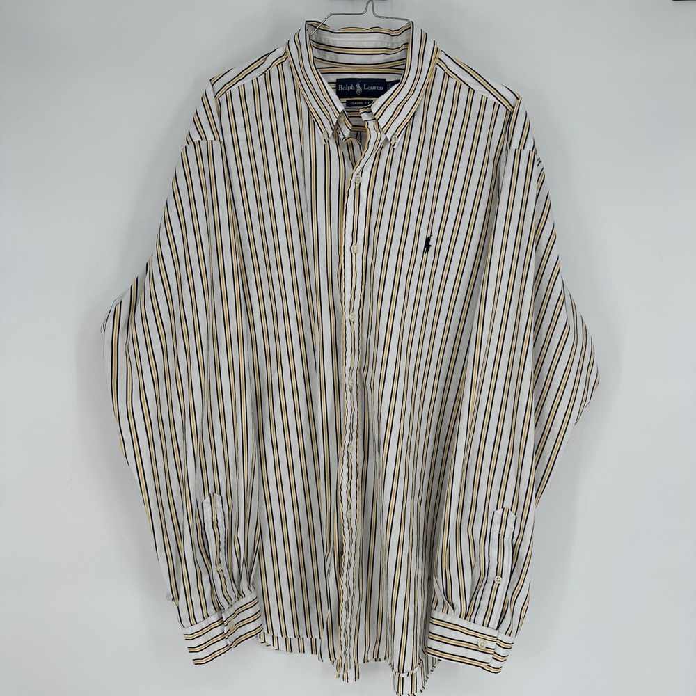 VTG Ralph Lauren Mens XXL Classic Fit Striped Button Down Shirt White Navy Yello